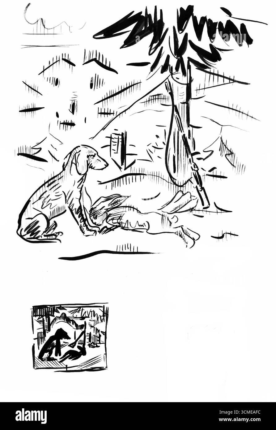 Skizzen von Jagdmotiven von Arnold Peter Weisz Kubincan - ungarische modernistische Zeichnungen des frühen 20. Jahrhunderts von Jägern, Hunden und ländlichem Leben Stockfoto