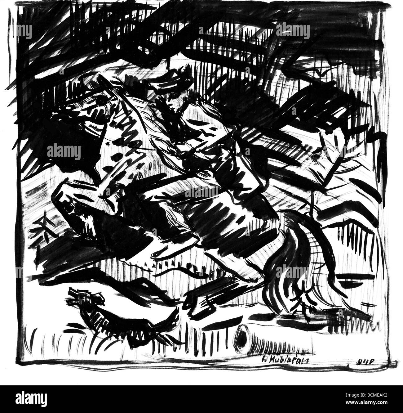 Reiter von Arnold Peter Weisz Kubincan, slowakische Malerei der Moderne des frühen 20. Jahrhunderts, Reiterfigur in dynamischer Landschaft, gemeinfreie Kunst Stockfoto