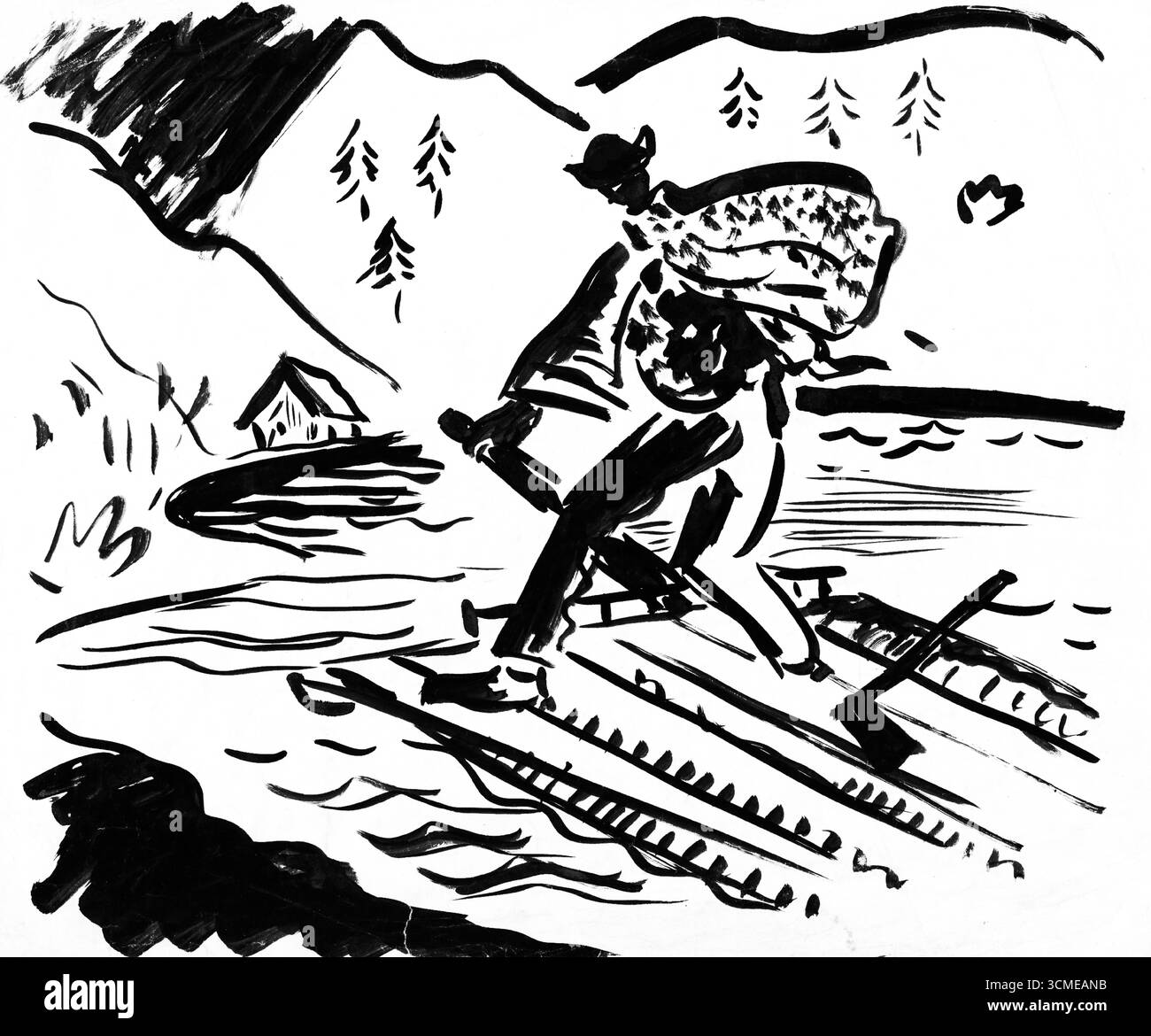 Flößer von Arnold Peter Weisz Kubincan, Gemälde der slowakischen Moderne aus dem frühen 20. Jahrhundert, Flussszene mit Flößer, gemeinfreie Kunst Stockfoto