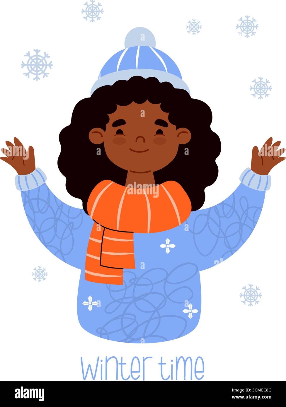 Süßes ethnisches Wintermädchen, das mit Schneeflocken spielt. Weibliches saisonales Porträt Happy Black Curly Brünette auf weißem Hintergrund. Illustration der Vektorabwicklung. Pe Stock Vektor