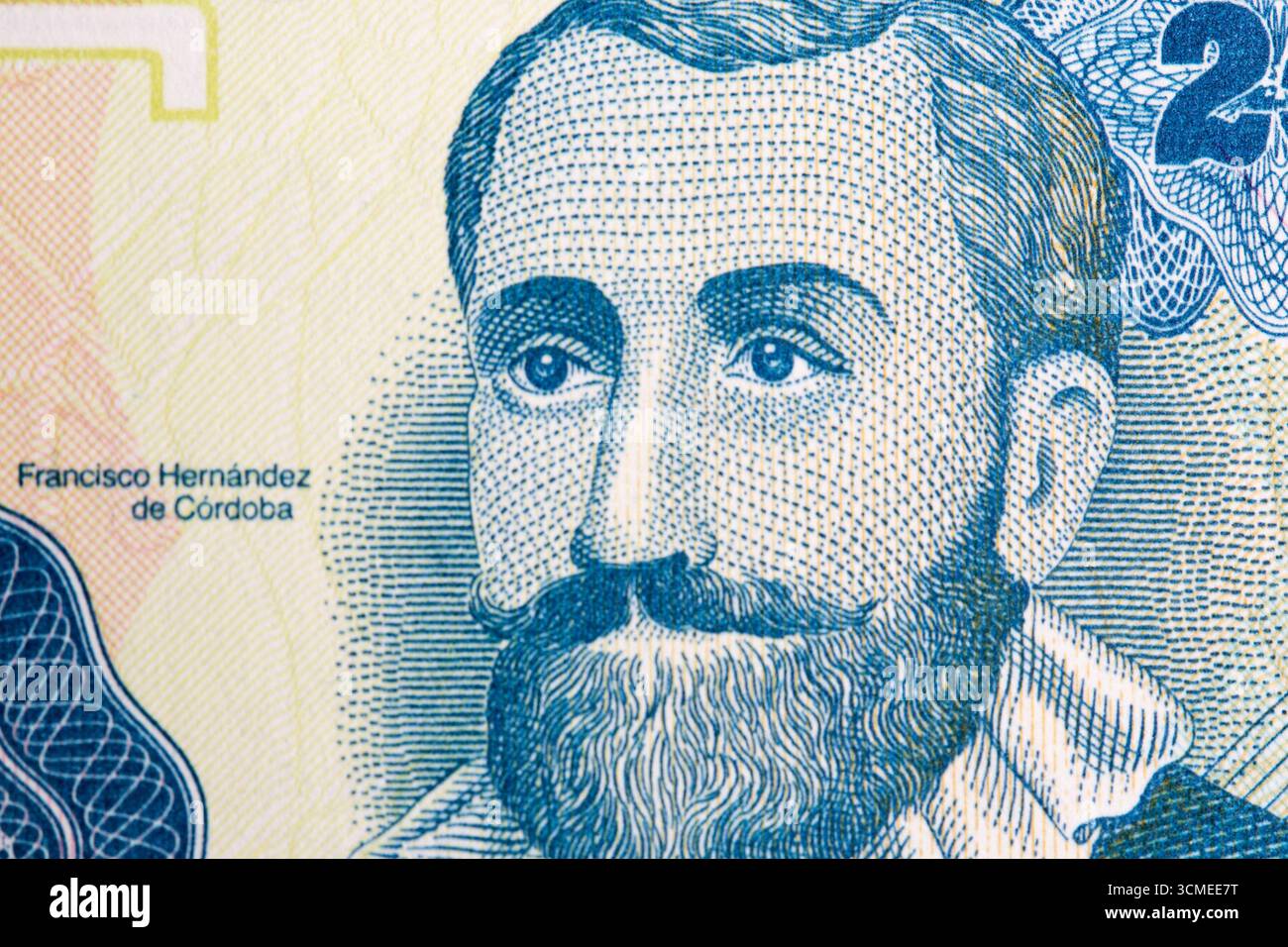 Francisco Hernandez de Cordoba ein Nahaufnahme-Porträt aus nicaraguanischem Geld - Cordoba Stockfoto