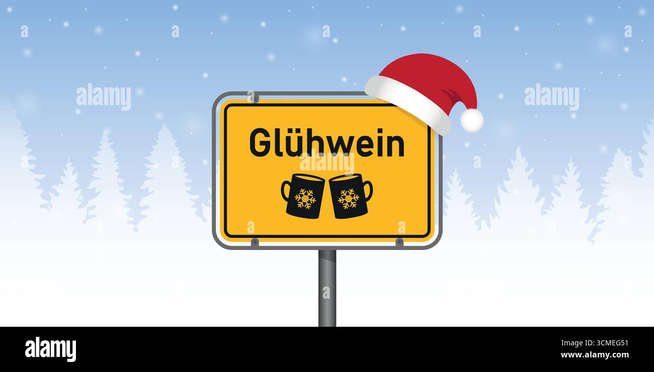 Platzieren Sie Schild mit deutschem Wort Glühwein in der verschneiten Winterlandschaft Vektor-Illustration Stock Vektor