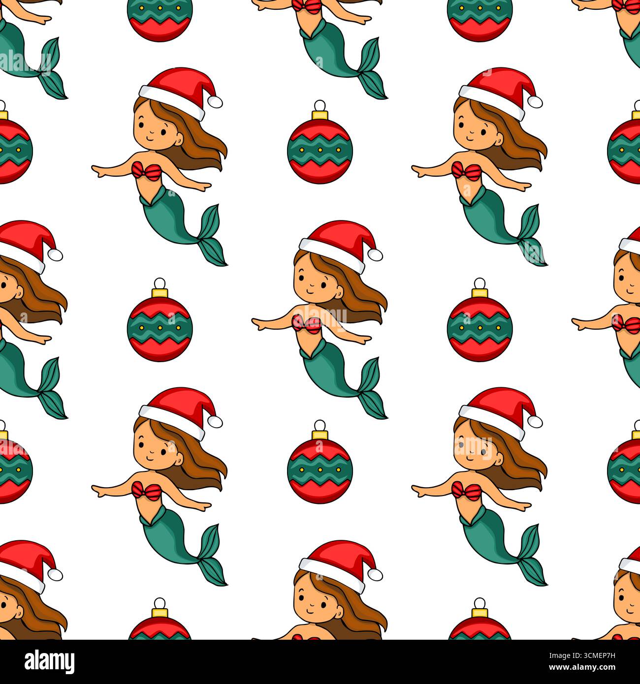 Nahtloses Vektormuster mit bezaubernden Meerjungfrauen in Weihnachtsmützen und festlichen Weihnachtskugeln, die ein skurriles und fröhliches Weihnachtsdesign schaffen. Stock Vektor