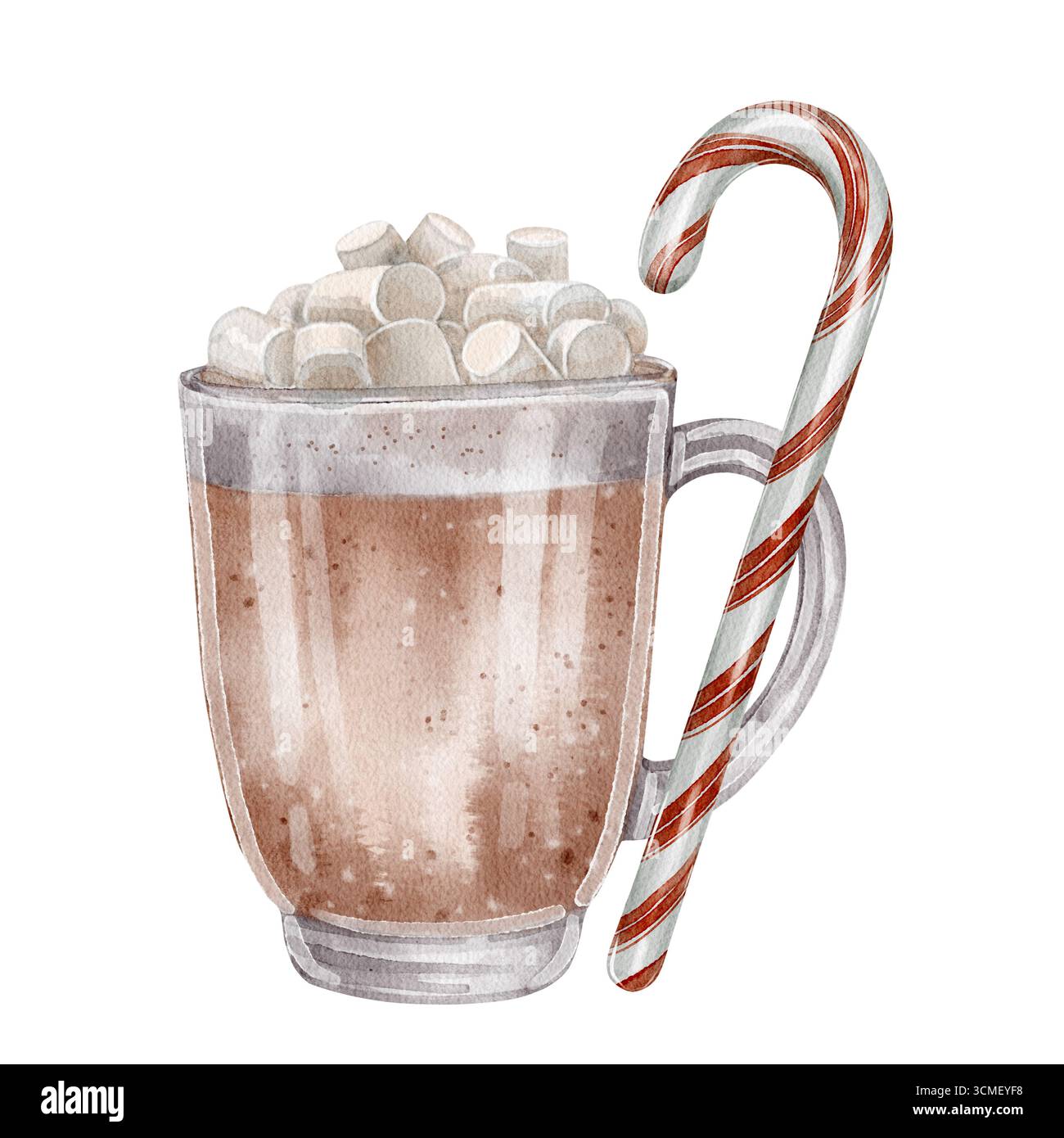 Glasbecher mit heißer Schokolade, Marshmallows und gestreiftem Zuckerrohr, Aquarellzeichnung. Perfekt für die Gestaltung von Feiertagen, Grußkarten, Menüs, Poster, Gewinn Stockfoto