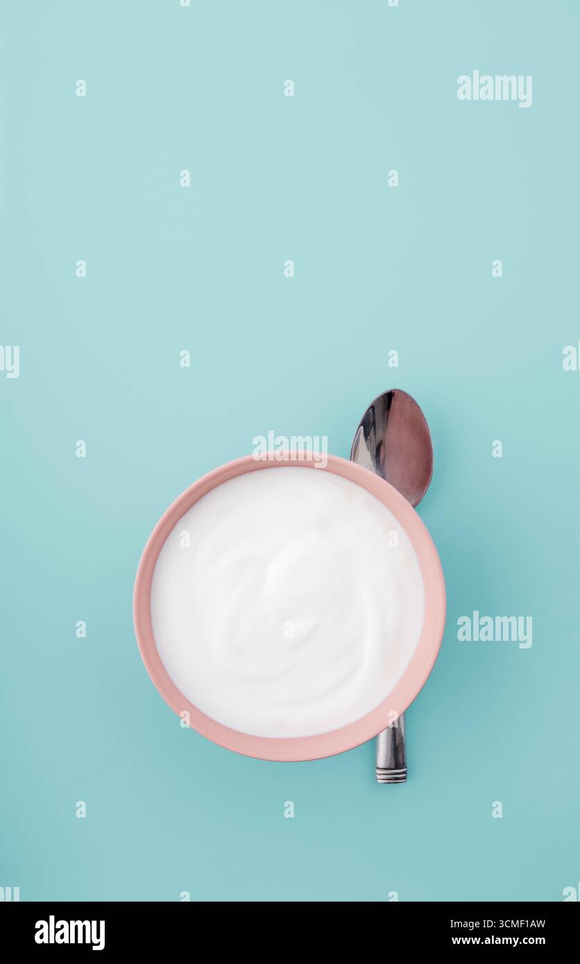 Eine Schüssel frischer Ziegenmilchjoghurt auf sauberem hellgrünem Hintergrund Stockfoto
