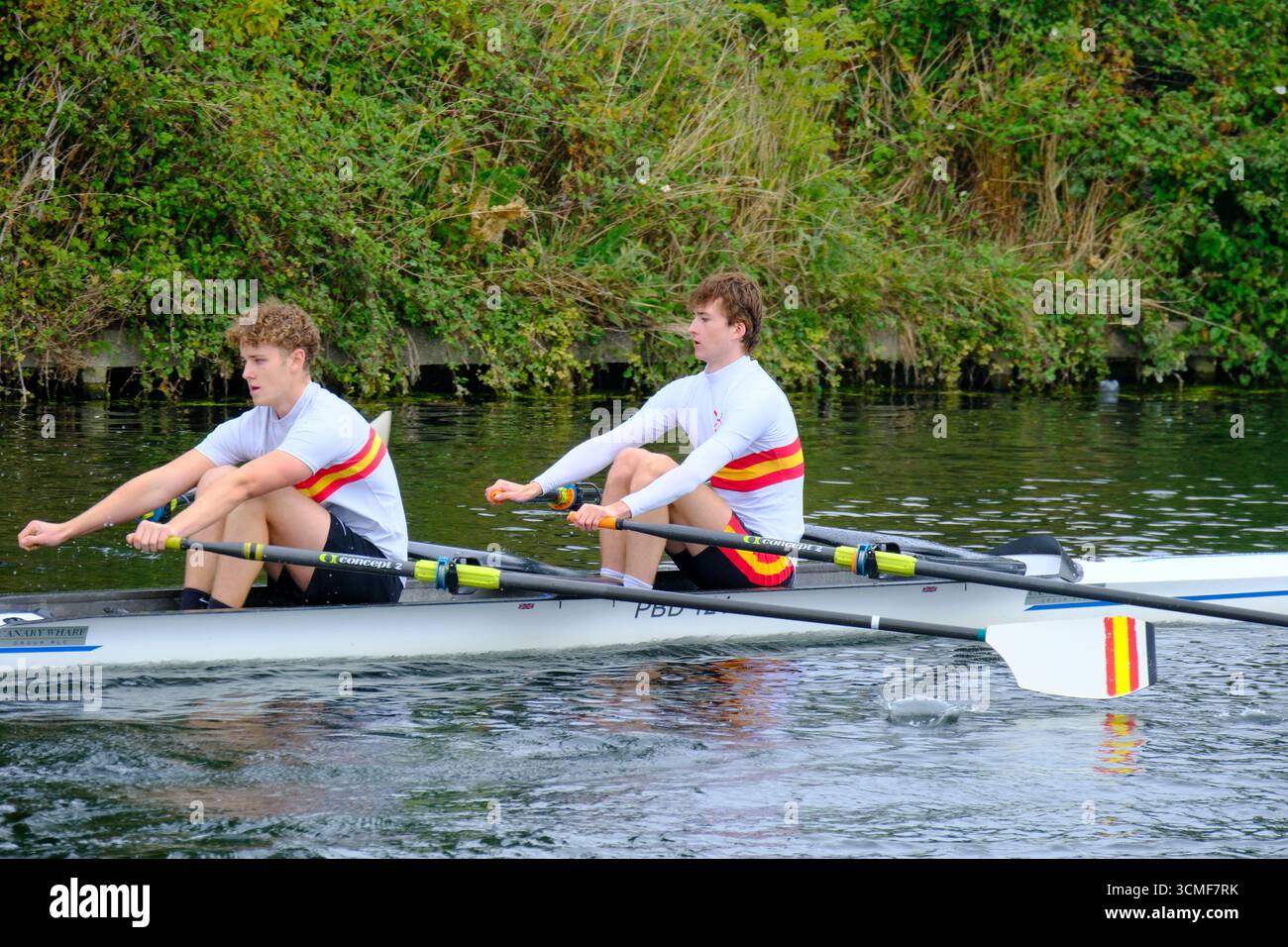 14. August 2025 - Cambridge, Großbritannien - Ruderer bei Rennen auf dem River Cam in Cambridge, Teilnahme an historischen Rennen gegen die Universität und die Stadt. Stockfoto