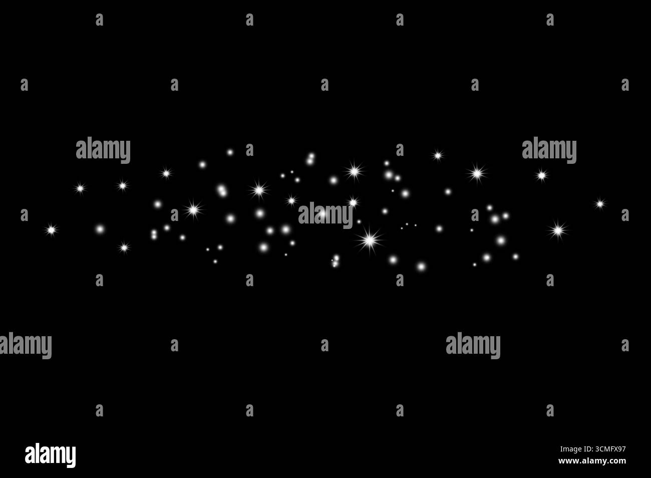 Leuchtendes Sternenlicht und Glitzereffekt auf schwarzem Hintergrund. Stockfoto