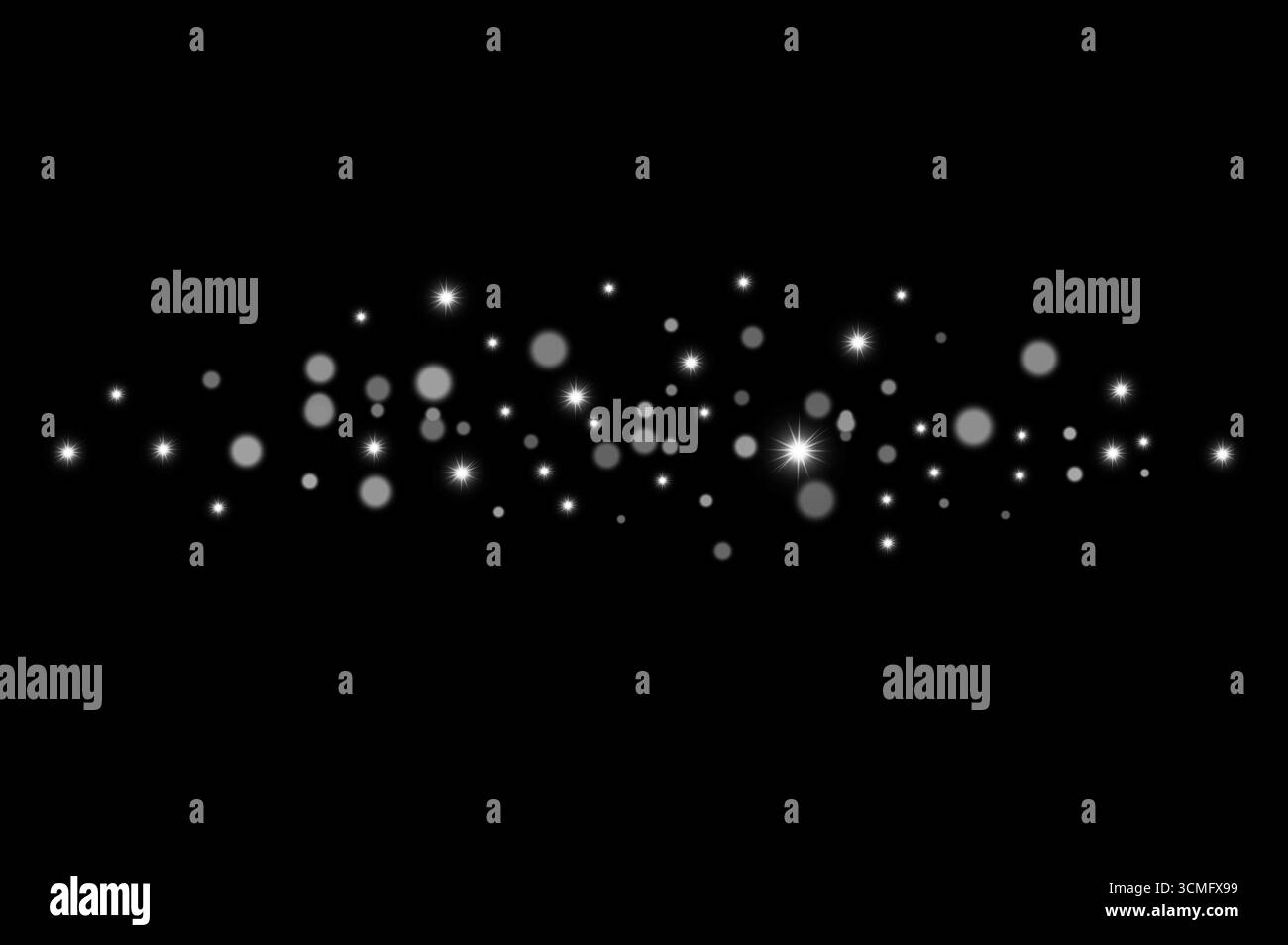 Leuchtendes Sternenlicht und Glitzereffekt auf schwarzem Hintergrund. Stockfoto