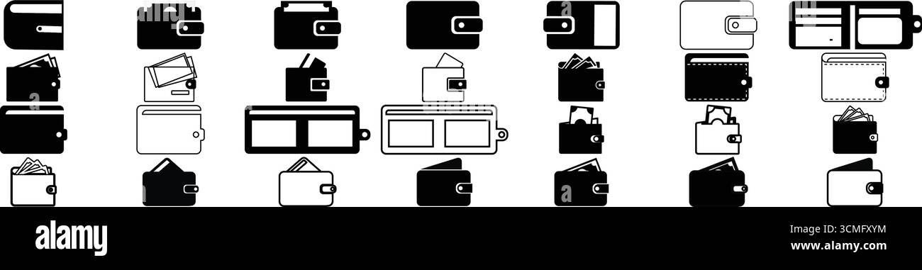 Sammlung der Symbole für Geldbörsen mit Symbolen für Geld und Finanzen Stock Vektor