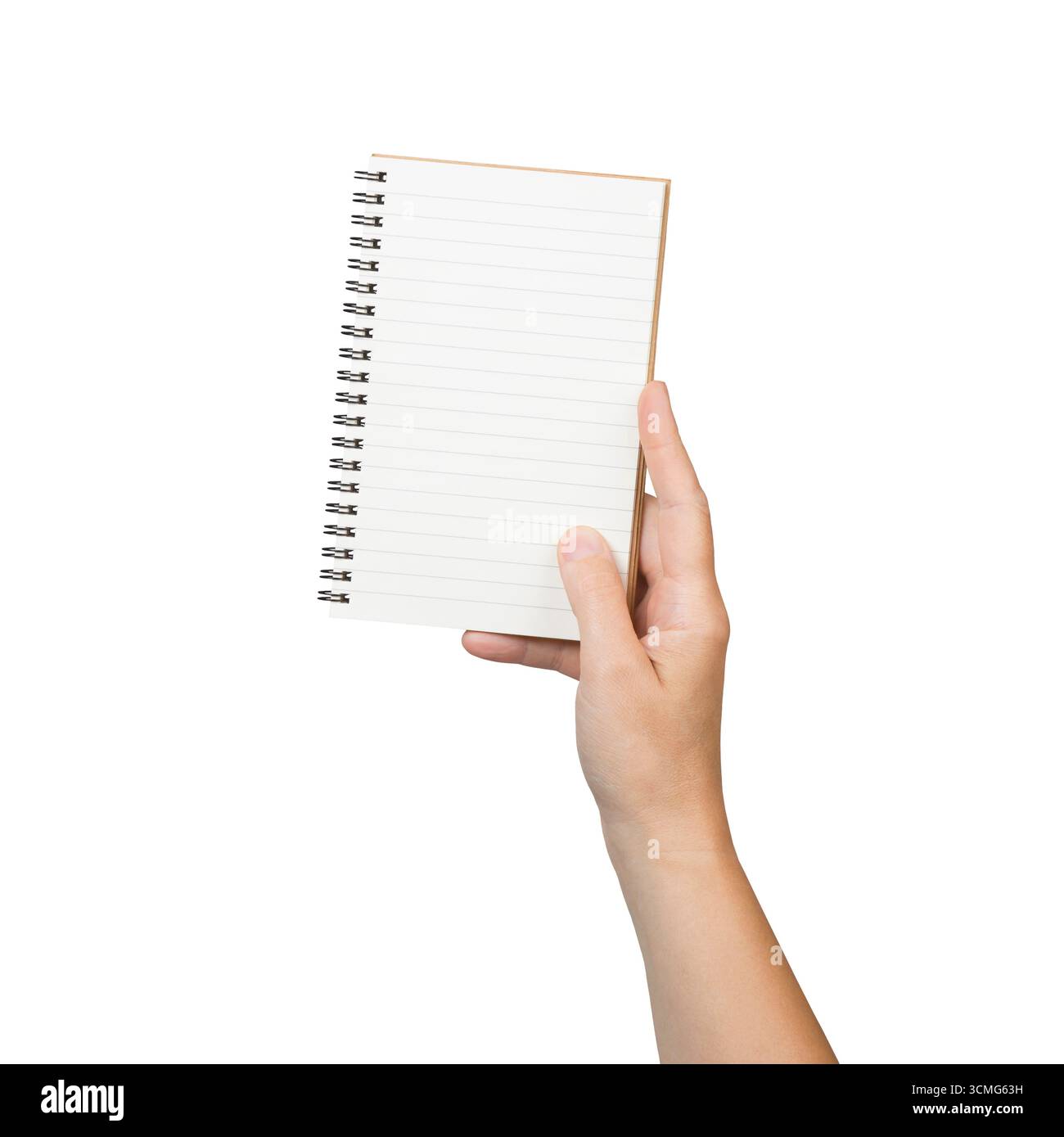 Hand hält leeres Notizbuch isoliert auf weißem Hintergrund Stockfoto