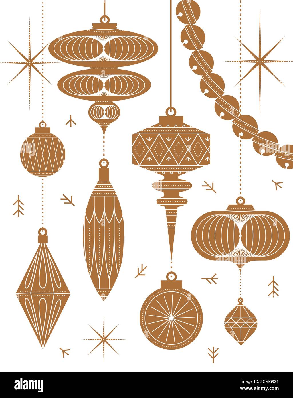 Weihnachtsbaum Art Deco Spielzeug in verschiedenen Formen und Formen in Vintage-Stil Zeichnung in beigem Thema auf weißem Hintergrund Stock Vektor