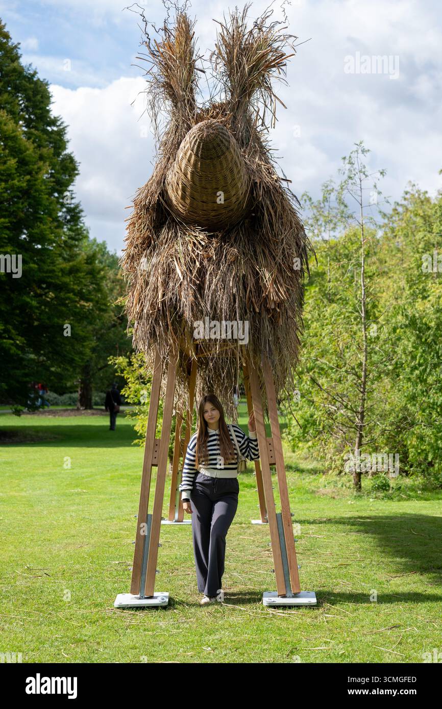 London, Großbritannien, 16. September 2025, Frieze Sculpture 2025, die 13. Ausgabe der viel gefeierten Free Public Art Initiative im Londoner Regent's Park. Vom 17. September bis 2. November. Das Thema ist Schatten mit 14 Skulpturen verschiedener internationaler Künstler, kuratiert von Fatoș Üstek. Installation: Assemble - Fibredog (2025)., Andrew Lalchan Photography/Alamy Live News Stockfoto