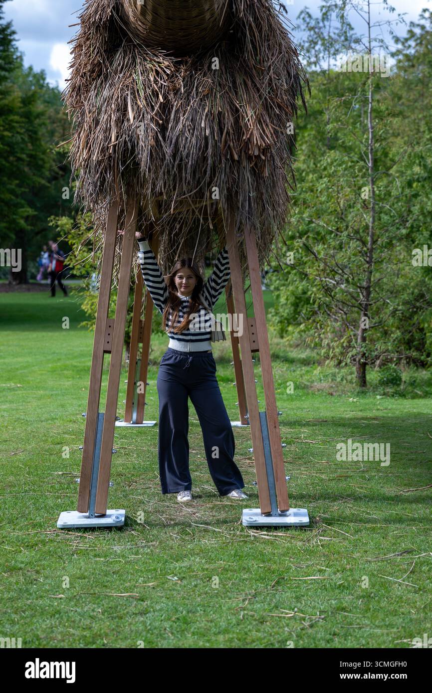 London, Großbritannien, 16. September 2025, Frieze Sculpture 2025, die 13. Ausgabe der viel gefeierten Free Public Art Initiative im Londoner Regent's Park. Vom 17. September bis 2. November. Das Thema ist Schatten mit 14 Skulpturen verschiedener internationaler Künstler, kuratiert von Fatoș Üstek. Installation: Assemble - Fibredog (2025)., Andrew Lalchan Photography/Alamy Live News Stockfoto