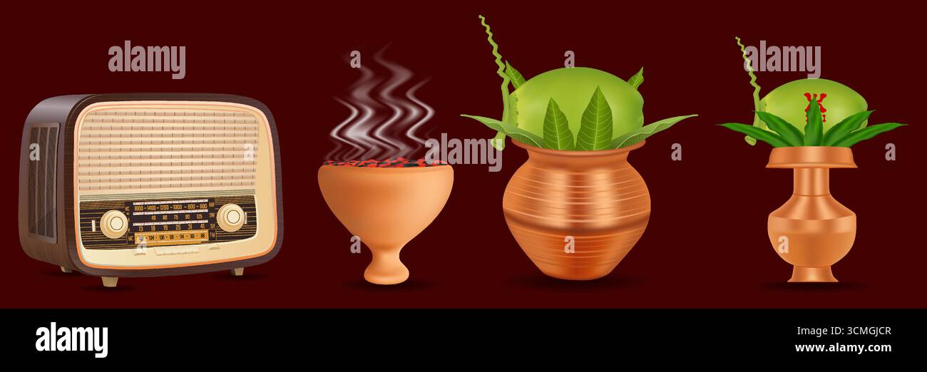 Durga Puja Sale. Kalash, Dhunuchi, Radio, Traditionelle Gegenstände Vektor-Set Stock Vektor