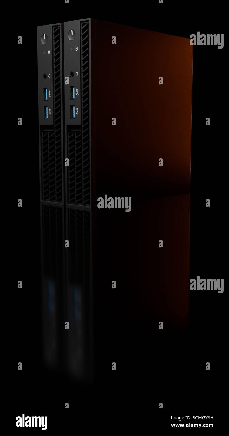 3D-Rendering von zwei modernen ISP-Servertürmen, die nebeneinander mit orangefarbenen Reflexionen angeordnet sind. Das Hardwaretechnologiekonzept wird isoliert auf bl dargestellt Stockfoto