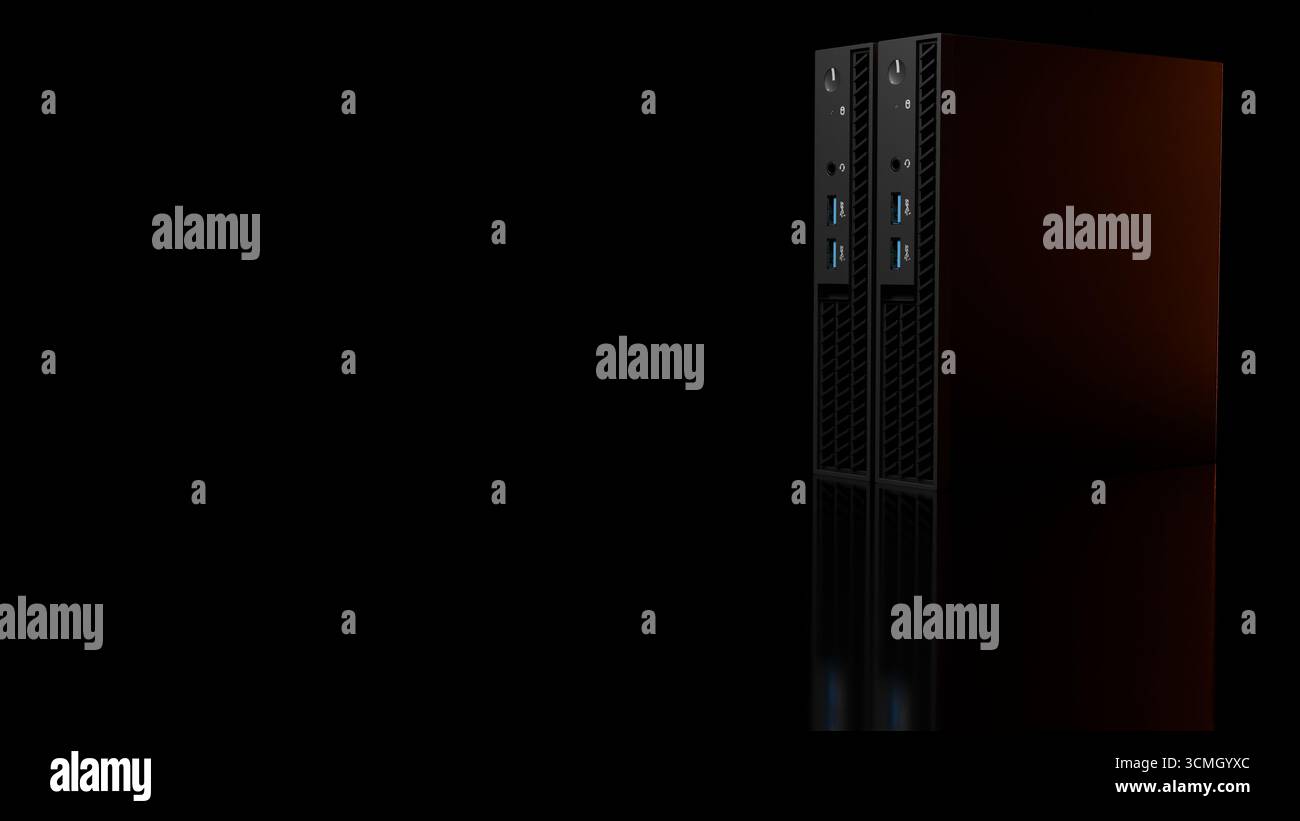 3D-Rendering moderner ISP-Server-Computertürme, horizontal dargestellt mit Metallgehäuse und orangefarbenem Licht. Das Technologiekonzept ist isoliert Stockfoto