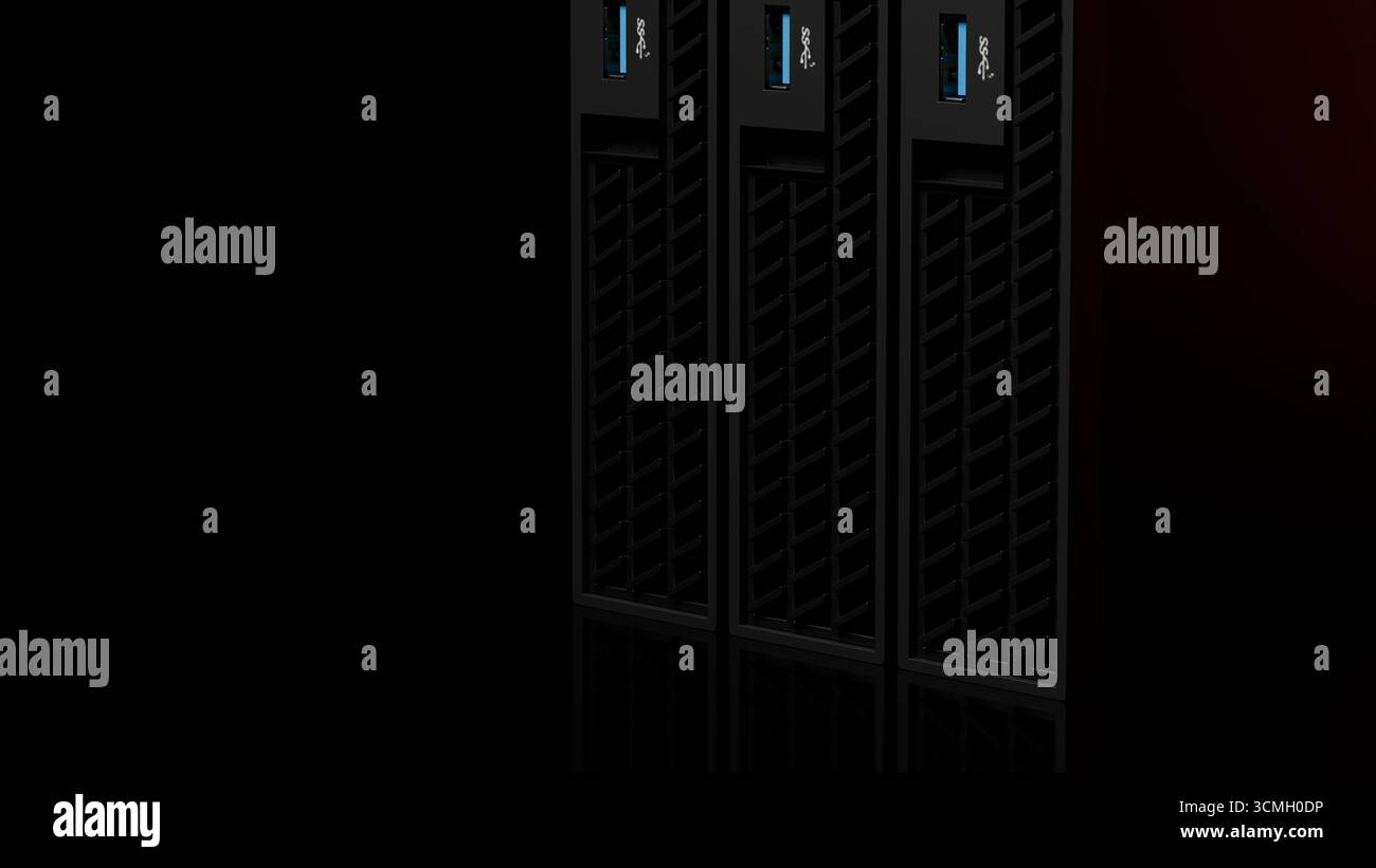 3D-Darstellung mehrerer ISP-Server-Racks, die in einer Reihe mit orangefarbenen Reflexionen ausgerichtet sind. Das professionelle Technologiekonzept ist auf LAC isoliert Stockfoto
