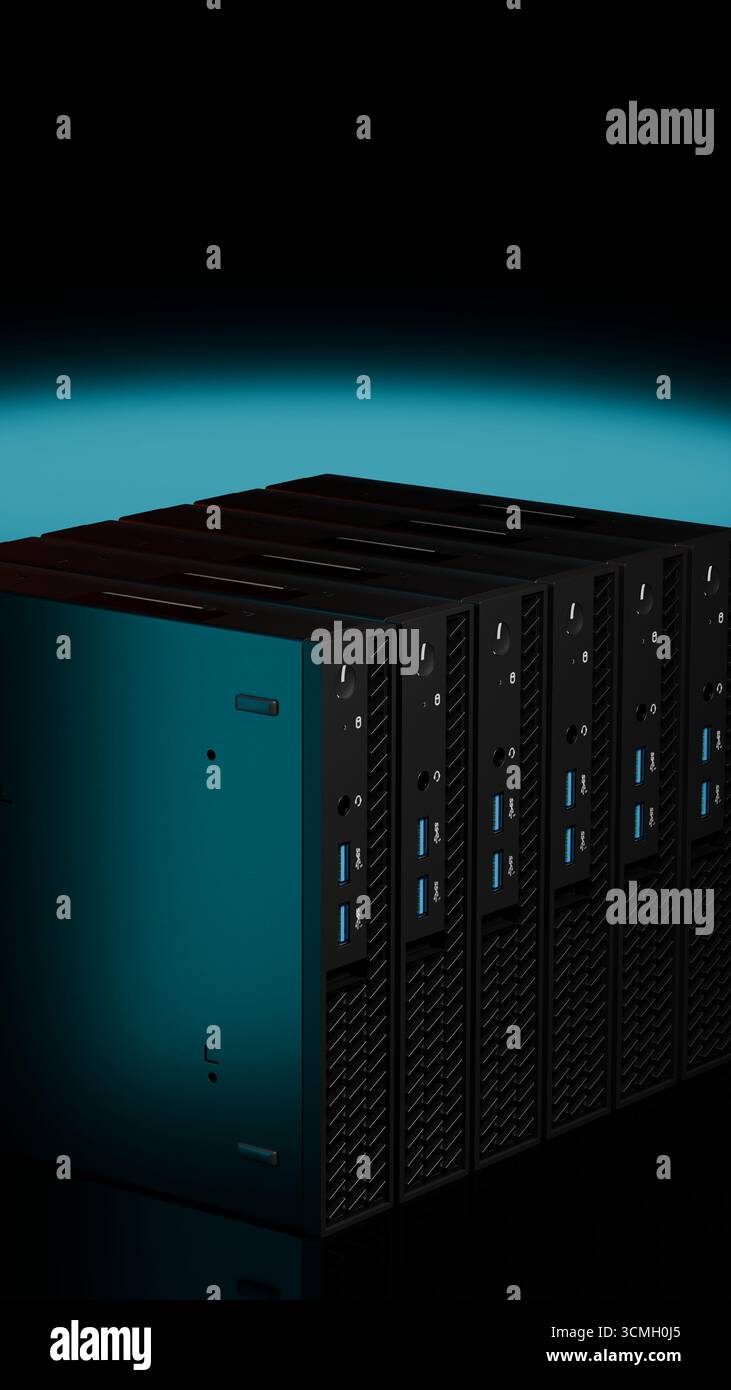 3D-Rendering eines Blocks von ISP-Servermasten, hervorgehoben durch ein hellblaues Spotlight. Die moderne Technologie ist auf schwarzem Hintergrund isoliert Stockfoto