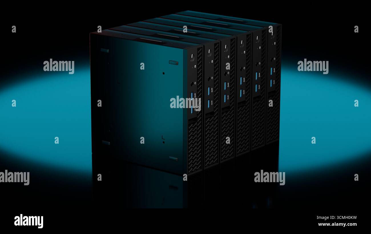 3D-Rendering eines ISP-Server-Clusters in einem rechteckigen Block, der von blauem Spotlight beleuchtet wird. Die Technologiegeräte sind auf schwarzem Hintergrund isoliert Stockfoto