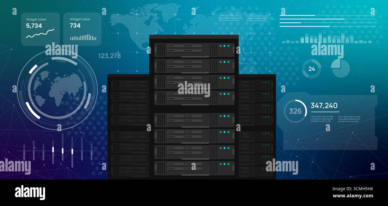 Digitales High-Tech-Dashboard mit einem Server-Rack für globale Rechenzentren und Cloud-Computing-Infrastruktur für Web-Hosting von Big Data und IT-Technologie Stock Vektor