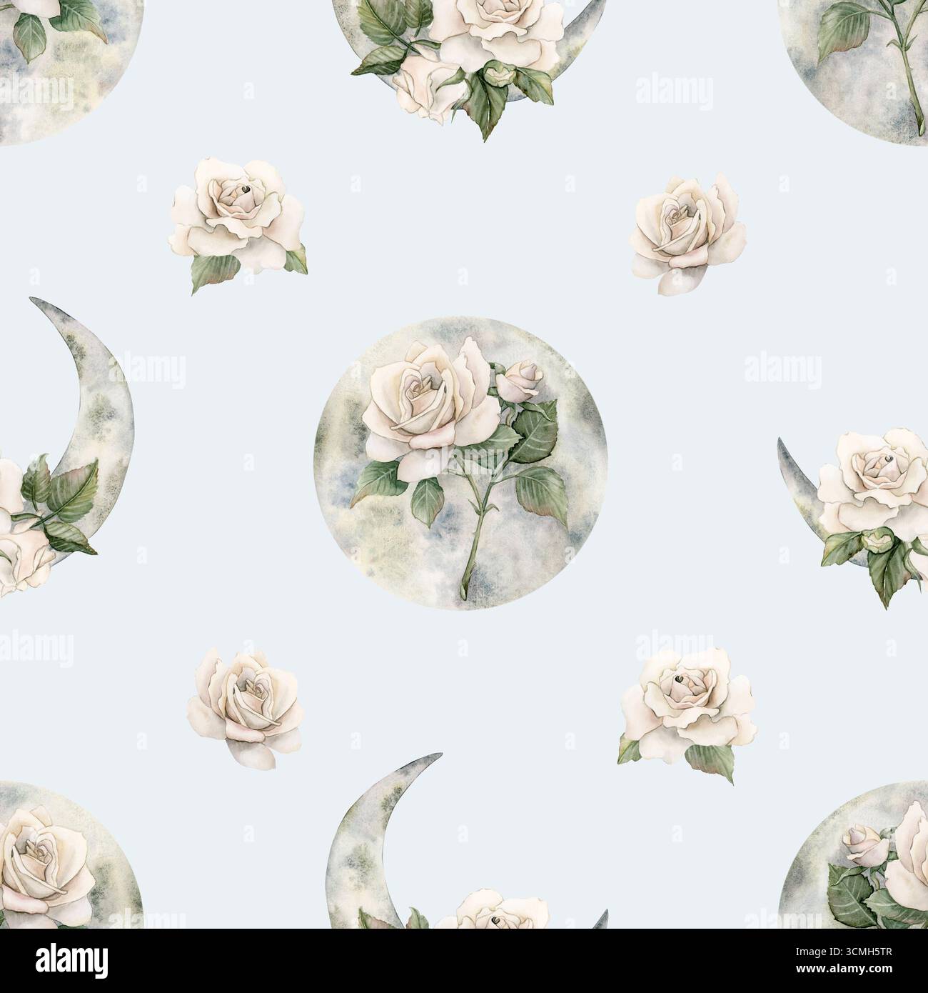 Weiße Rosen mit Halbmond. Aquarell Hand bemalt viktorianische florale nahtlose Muster auf blauem Hintergrund Gartenblumen für Mystery Design Home t Stockfoto