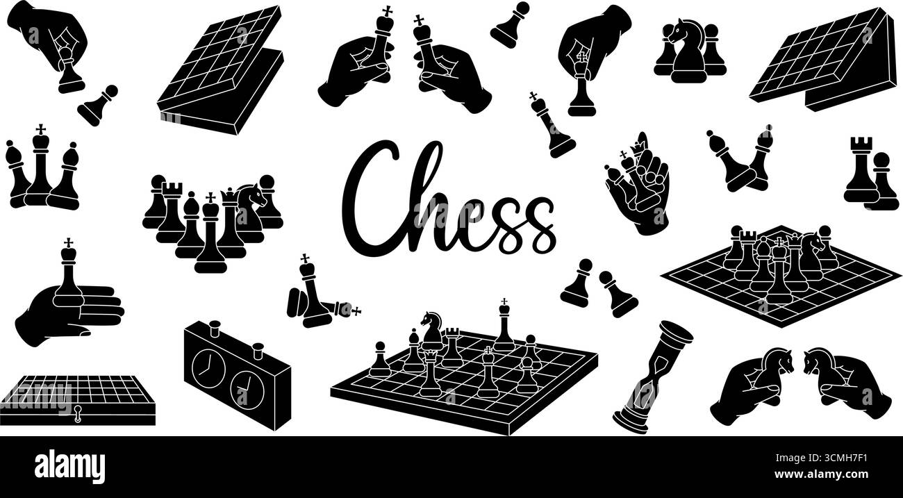 Solide schwarze Schach-Silhouetten mit Teilen, Brettern und Uhren in auffälligem Stil Stock Vektor