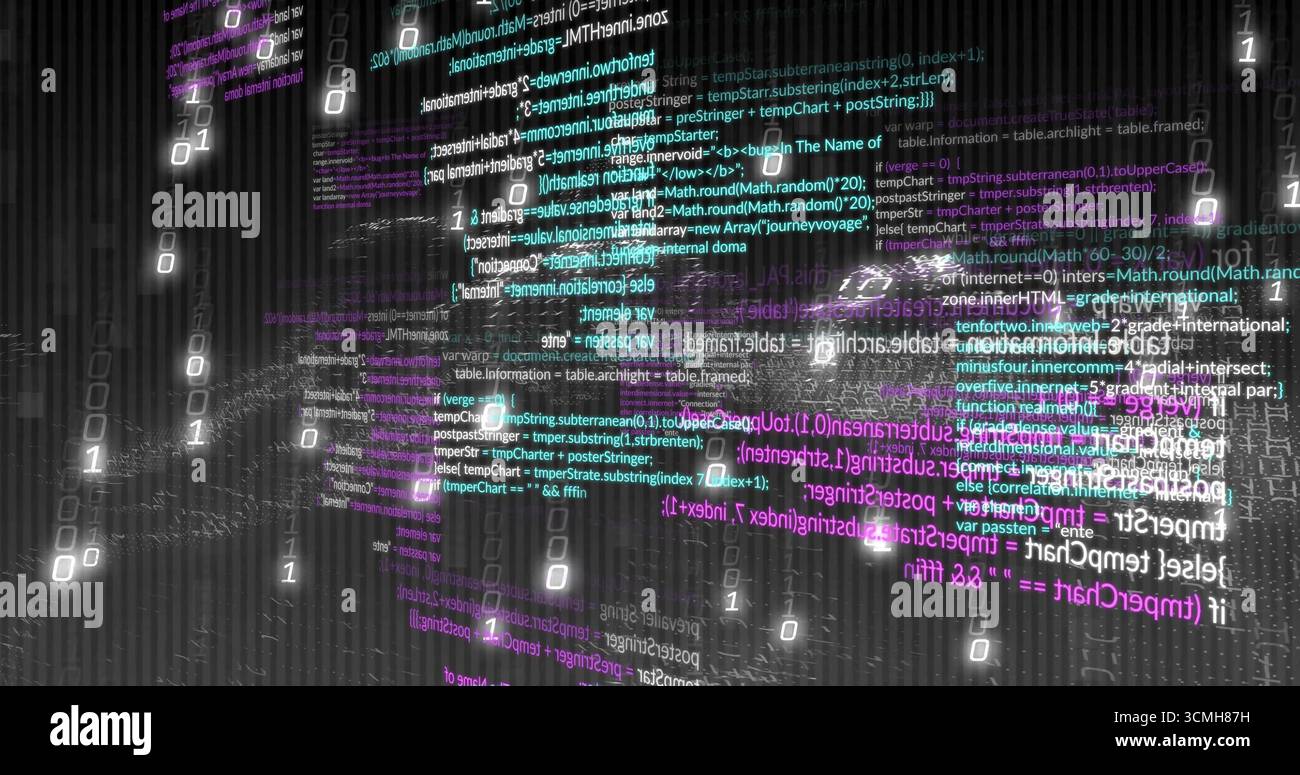 Leuchtende Codeausschnitte, die im Cyberspace-Raster schweben, mit binären 0- und 1-Sekunden und 3D-Drahtmodelllinien Stockfoto