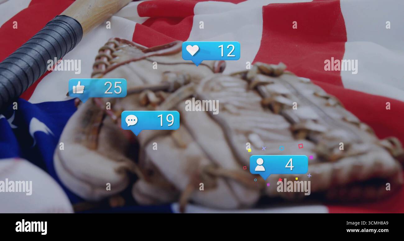 Mit Baseballhandschuh aus Leder und Holzschläger auf Stoff mit US-Flagge und digitalen Benachrichtigungssymbolen Stockfoto