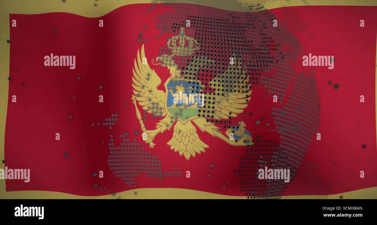 Wehende montenegrinische Flagge im lebendigen digitalen Raum mit Wappen und Punktkarten Stockfoto