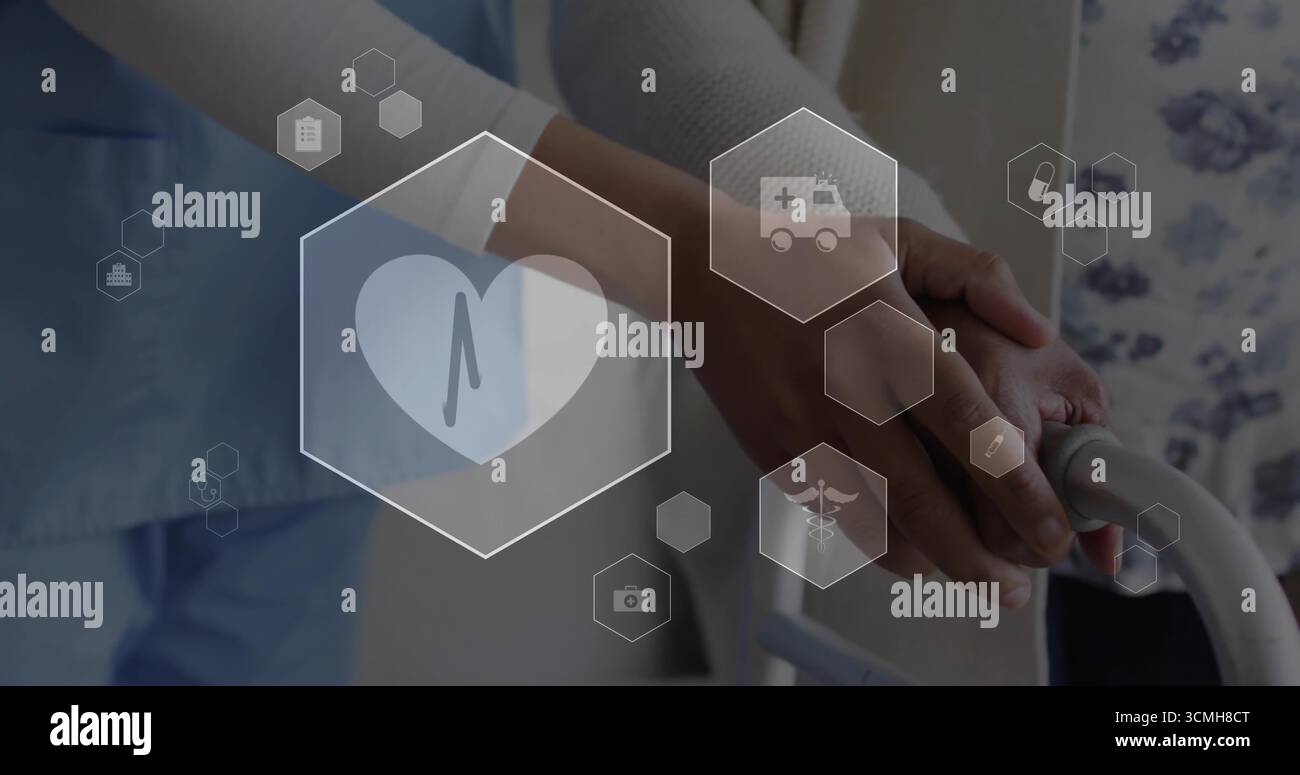 Krankenschwester mit blauen Peelings, die ältere Patienten auf dem Gehhilfen in der Klinik unterstützen, mit digitalen medizinischen Symbolen Stockfoto