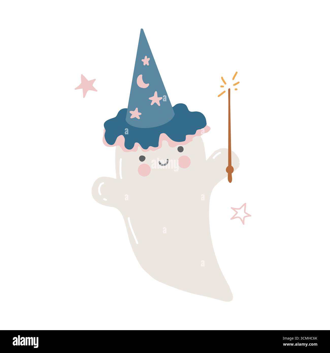 Eine Zeichentrickfigur in einem Zauberhut mit einem Zauberstab. Halloween-Geist, Geist. Frohes Halloween für Kinder. Vektorabbildung in abgewickelter Form. Niedliche Illustration des Vektors isoliert auf weißem Hintergrund Stock Vektor