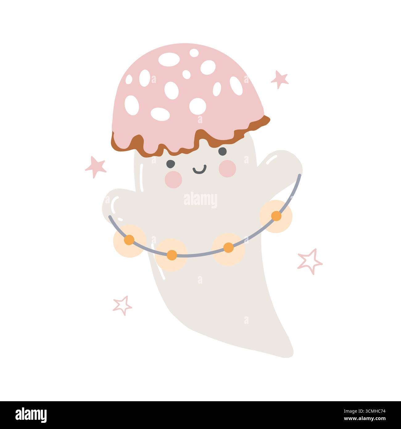 Eine Zeichentrickfigur in einem Hut mit Fliegenpilz und einer Girlande. Halloween-Geist, Geist. Frohes Halloween für Kinder. Vektorabbildung in abgewickelter Form. Niedliche Illustration des Vektors isoliert auf weißem Hintergrund Stock Vektor