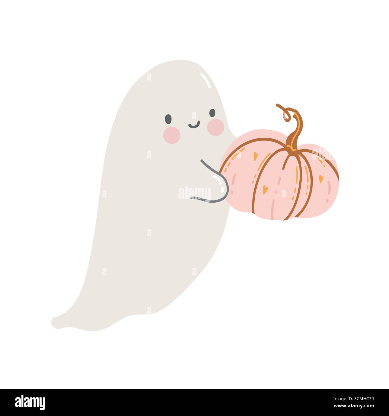 Lustiger Comic-Geist mit rosa Kürbis. Halloween-Geist, Geist. Frohes Halloween für Kinder. Vektorabbildung in abgewickelter Form. Niedliche Illustration des Vektors isoliert auf weißem Hintergrund. Clipart in Pastellfarben Stock Vektor