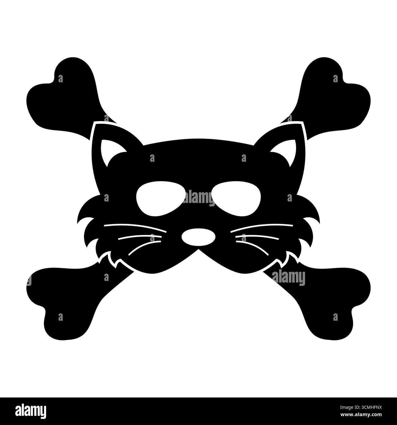 Katzenschädel und Crossbones im Piratenstil. Schwarze Silhouette Vektor-Illustration eines Katzengesichts kombiniert mit einem Schädel und Kreuzknochen Design. Stock Vektor
