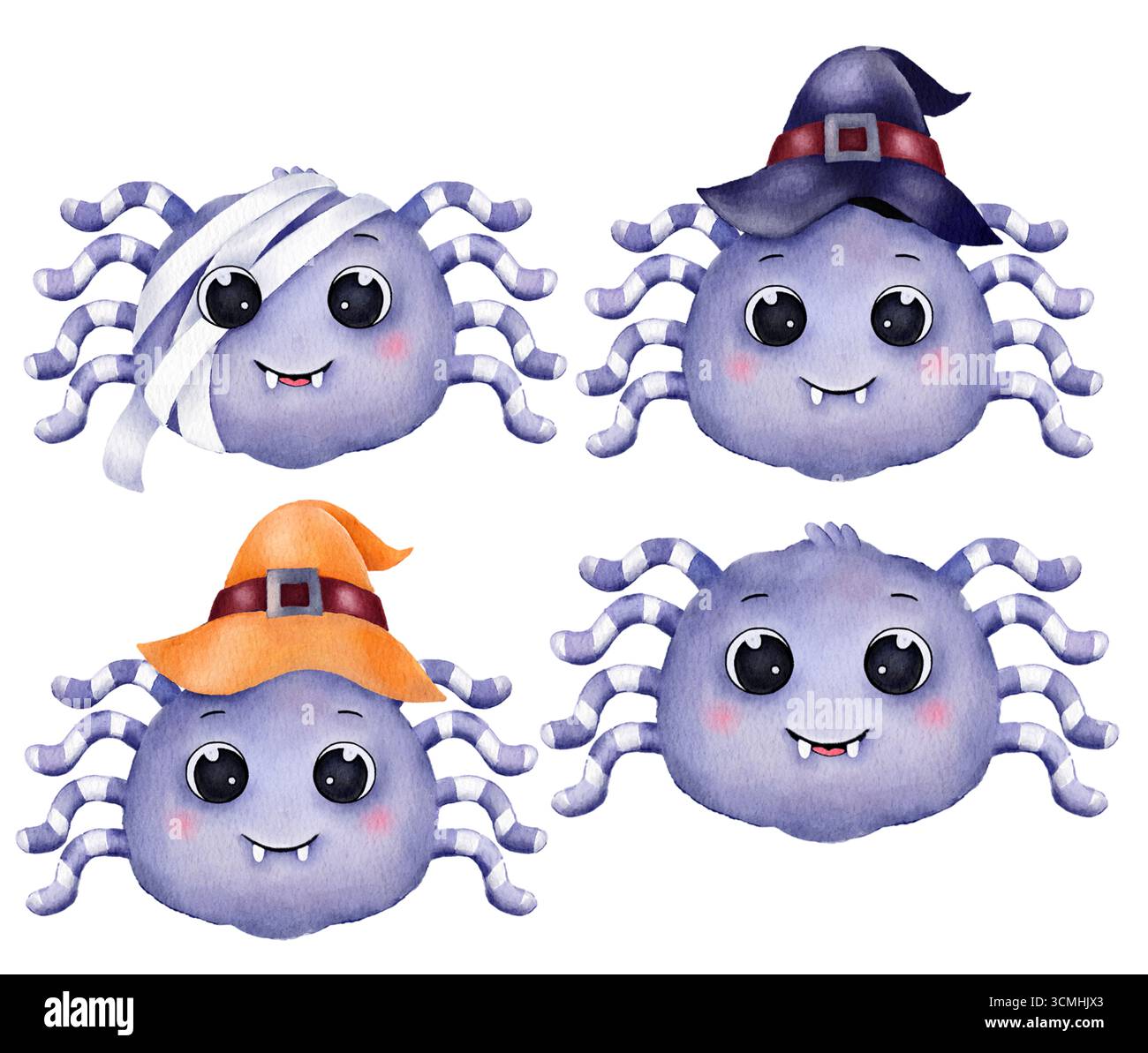 Aquarellillustration von vier süßen Spinnen mit großen Augen, einige tragen Hexenhüte und Mumienverband. Lustige und charmante Halloween Clipart perfekt für Stockfoto