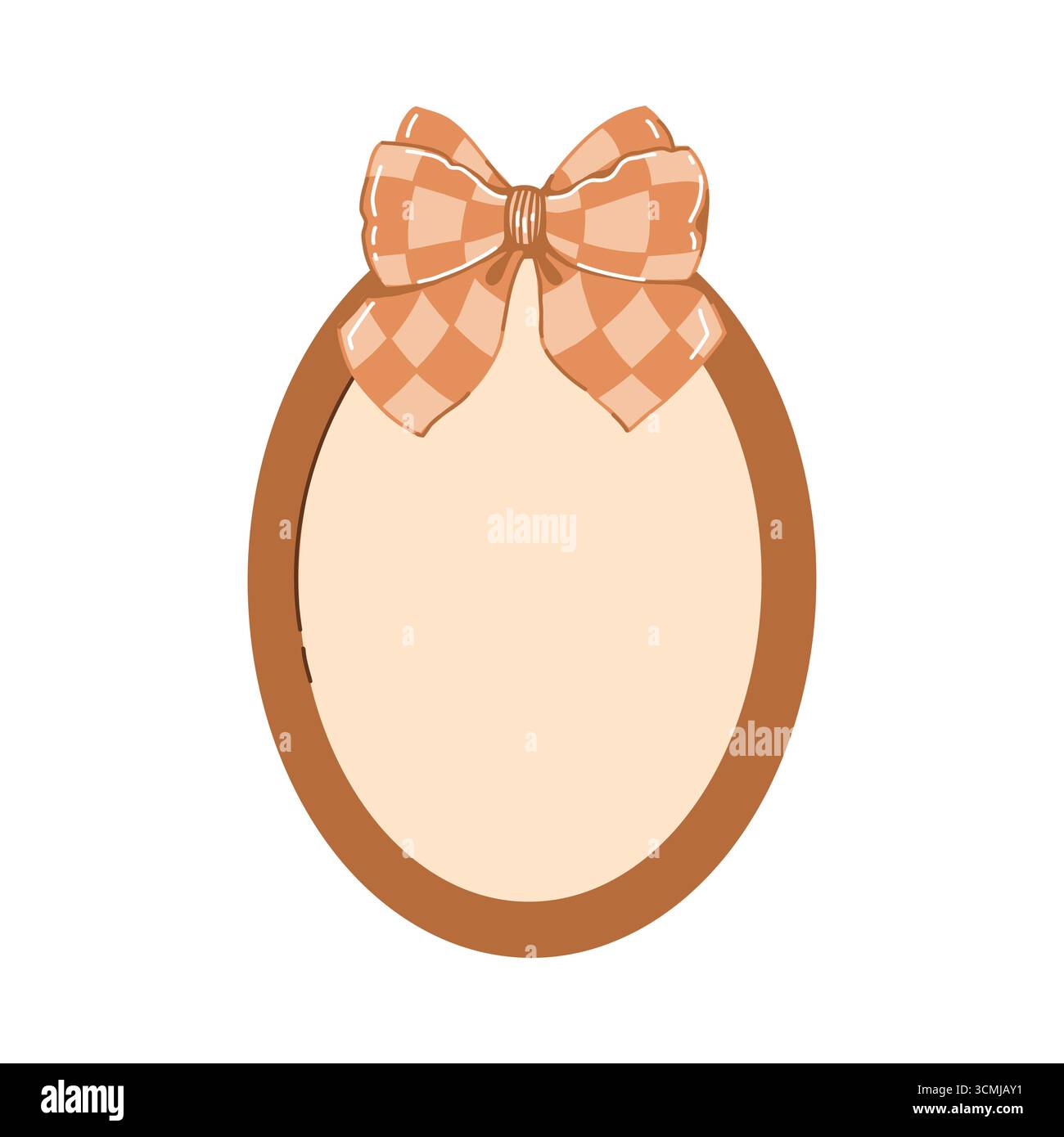 Niedlicher ovaler Vintage-Retro-Rahmen mit karierter Schleife. Handgezeichnete Vorlage. Vintage-Holzrahmen für Fotos, Spiegel, Beschriftungen. Flache Vektorillustration in Brauntönen. Stock Vektor