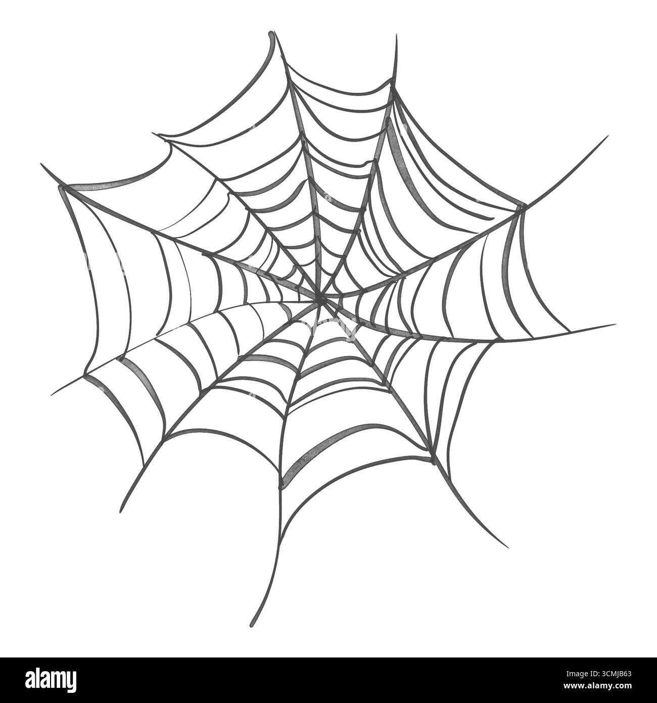 Aquarellspinnennetz-Illustration, handgezeichnete Skizze. Kreisförmiges Netzwerk von Gewinden, isoliertes Spinnennetz, Trap-Konzept. Design für Halloween, gruselig, unheimlich Stockfoto