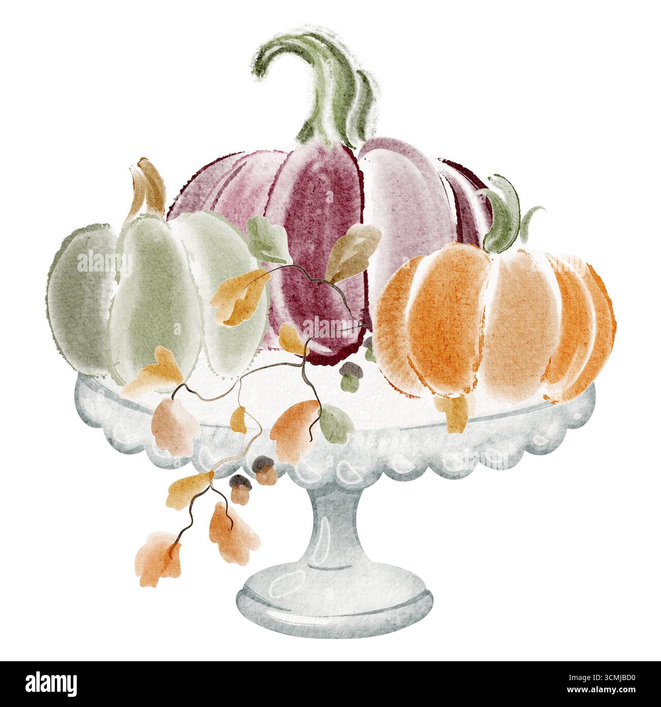 Kürbisse auf einem Teller, Stillleben im Herbst, Aquarellillustration, Ernte- und Herbstelemente, saisonales Essen, Natur, Blätter, Thanksgiving, oktober. Stockfoto