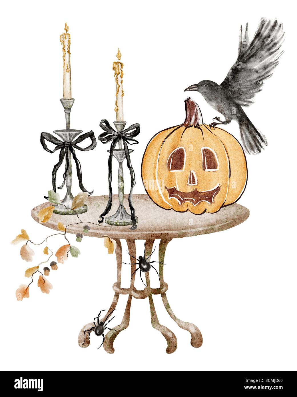 Illustration des Herbsttisches mit Jack-o-Laterne, Kerzenleuchter, schwarzem Vogel und festlichen Halloween-Elementen. Aquarellskizze für Ereignis oder Teil Stockfoto