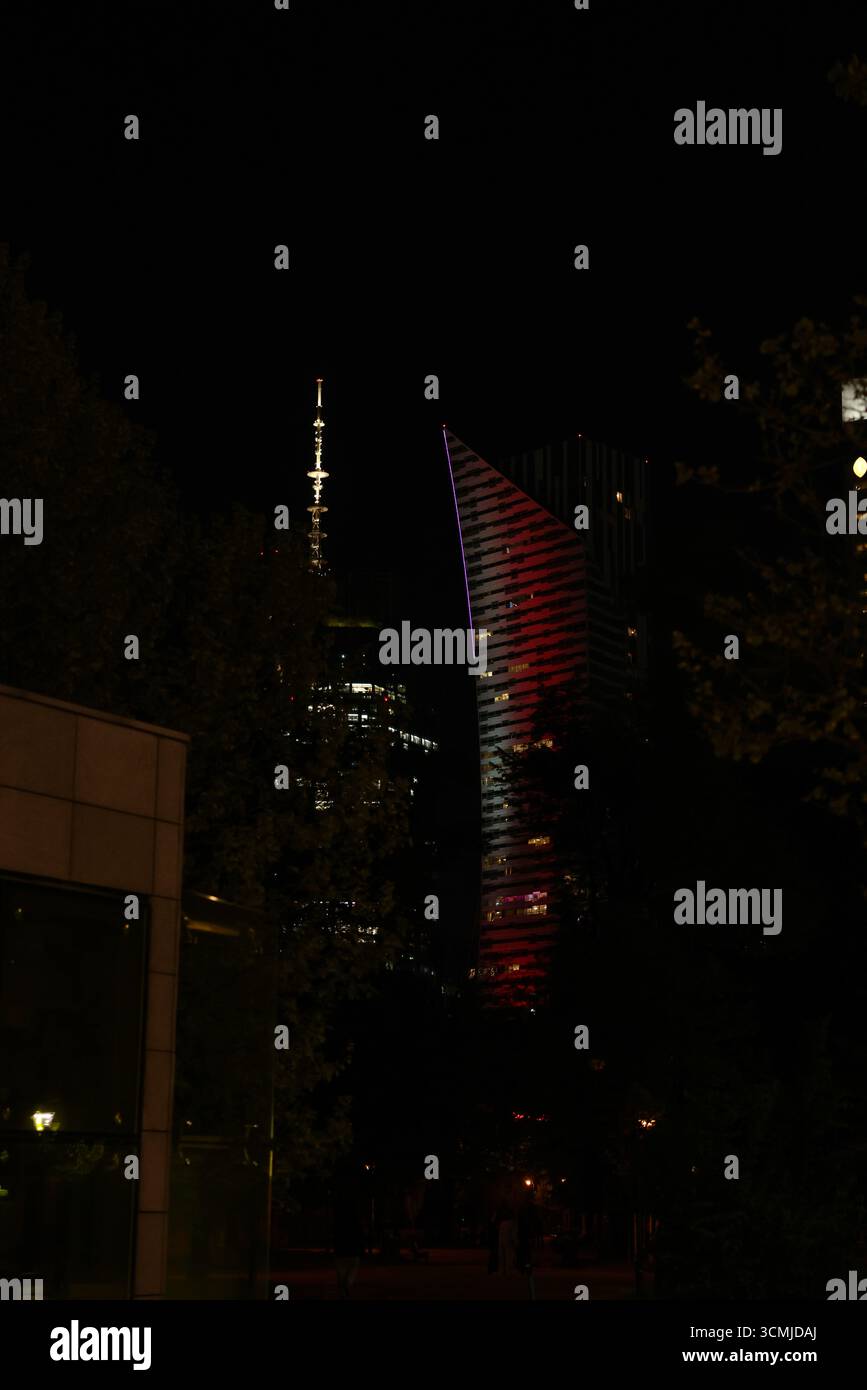 Fragment der Warschauer Skyline mit beleuchtetem Turm und stimmungsvollen Bäumen bei Nacht Stockfoto
