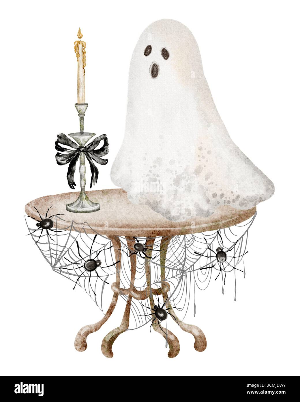Handgezeichnete Halloween-Szene mit Kerze, Geist und festlichem Tisch. Mit Spinnennetz, Raben und Holztexturen für einen stimmungsvollen Urlaub Stockfoto