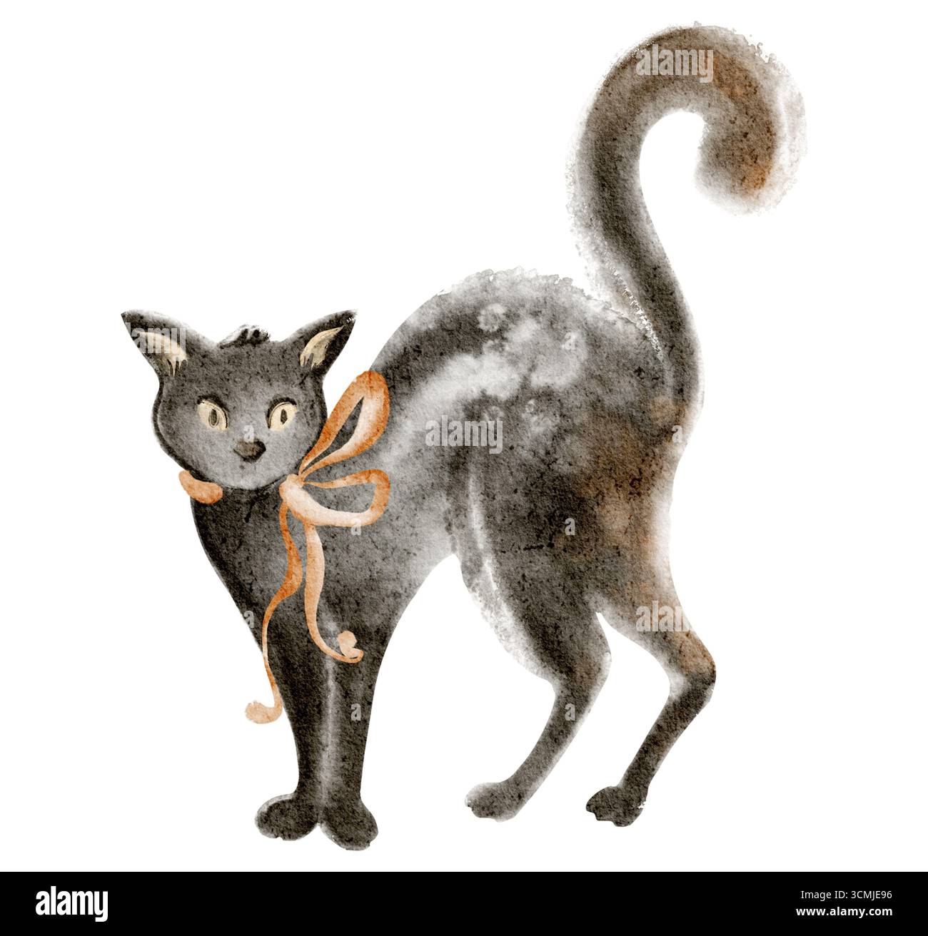 Schwarze Katze mit SchleifenAquarellzeichnung. Isolierte handgezeichnete Haustier-Illustration. Geeignet für Halloween, Dekoration, Clipart, Designelement, Carto Stockfoto