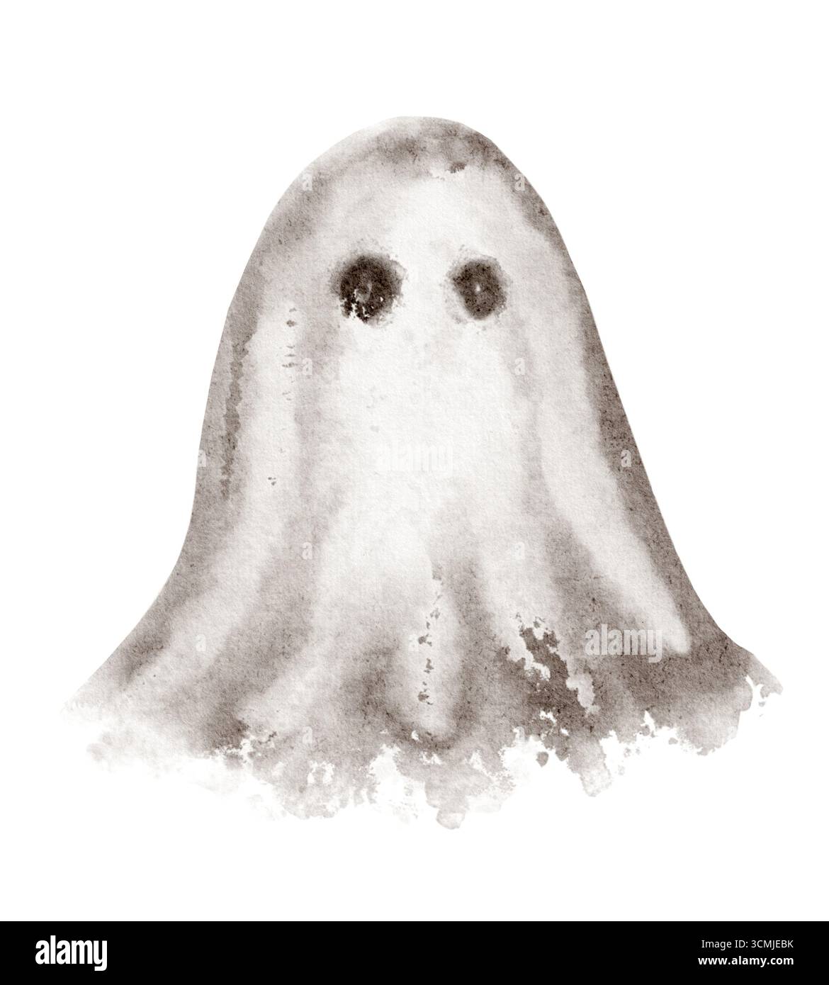 Geisterillustration im Aquarellstil. Halloween Phantom, Geist, Poltergeist Charakter. Handgezeichneter Cartoon, magische Dekoration, isolierte Kreatur, s Stockfoto