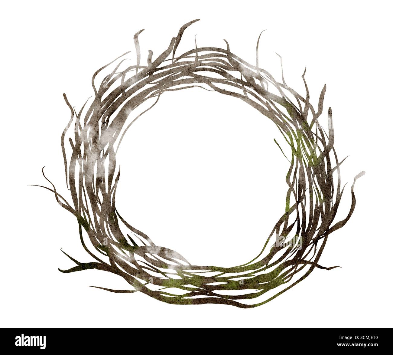 Aquarellzeichnung eines rustikalen Zweigkranzes in kreisförmiger Form. Botanisches Designelement aus trockenen Ästen und Stäben. Isolierte Illustration für Invita Stockfoto