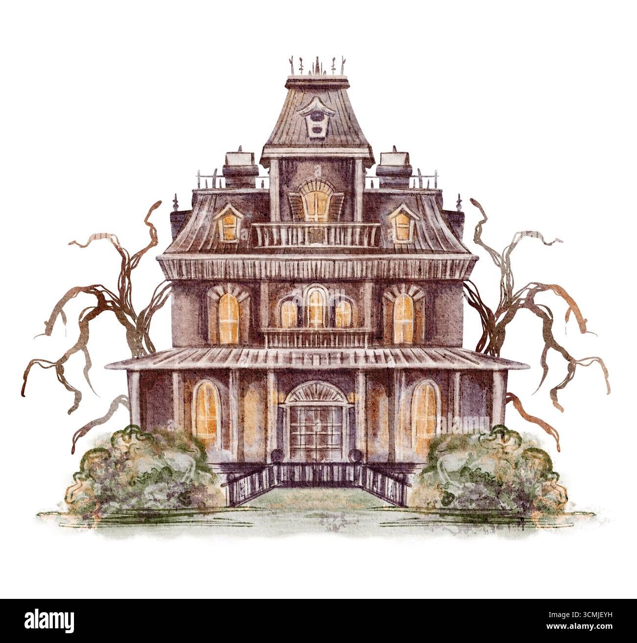 Aquarellzeichnung eines gespenstischen Herrenhauses mit leuchtenden Fenstern und mittelalterlicher Architektur. Gotische Türme und gruselige Bäume schaffen eine dunkle, mystische Szene Stockfoto