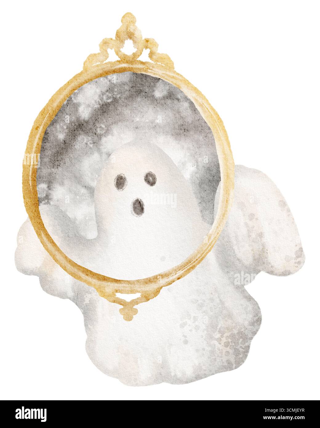 Aquarellillustration eines Spiegels mit einem kleinen Geist. Halloween-Dekoration mit Reflexion, Geist, Phantom und übernatürlichen Elementen. Druckbar, c Stockfoto