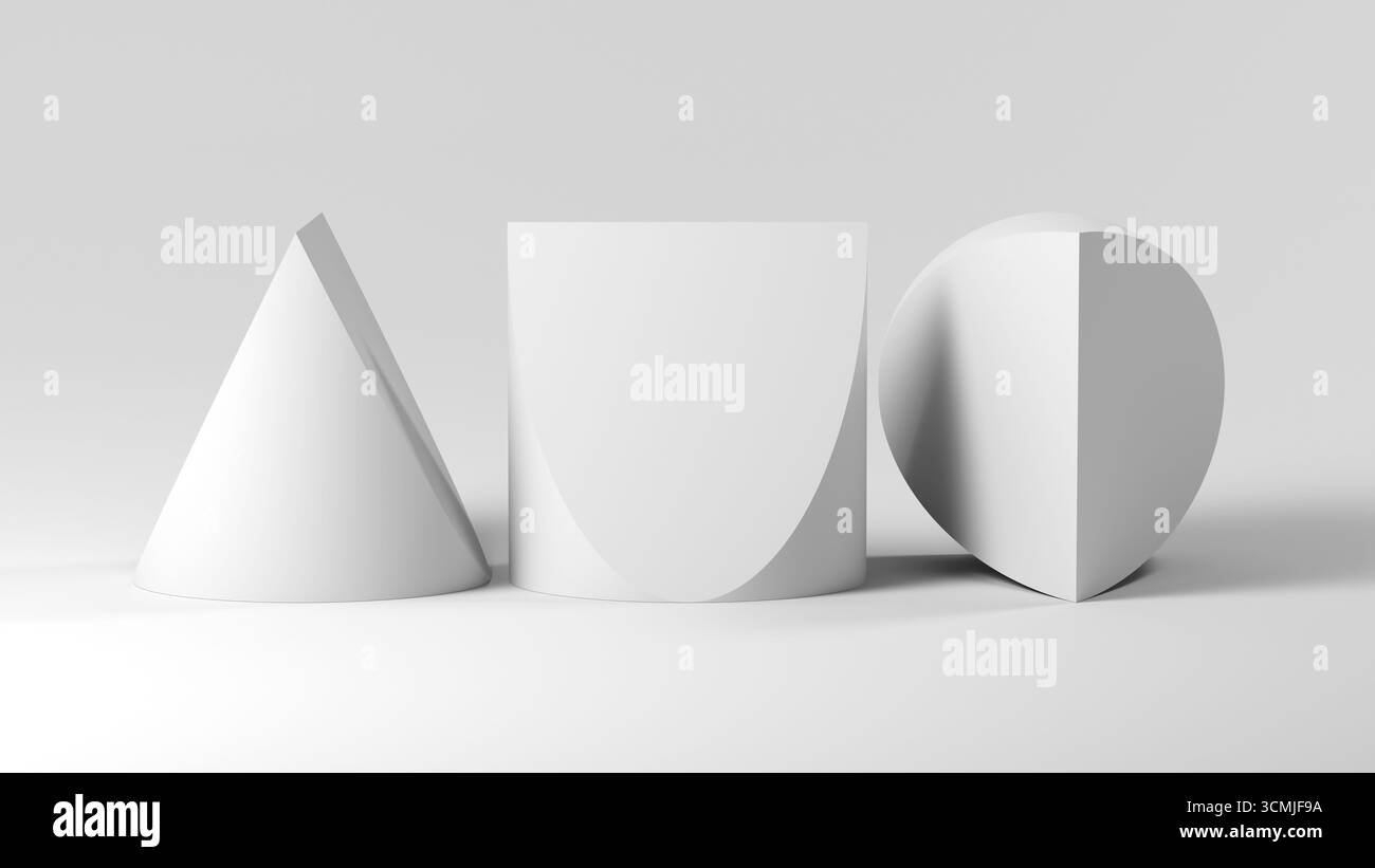 Abstrakte geometrische Installation von drei weißen, identischen, doppelt abgeschnittenen Zylindern in unterschiedlicher Ausrichtung. 3D-Darstellung Stockfoto