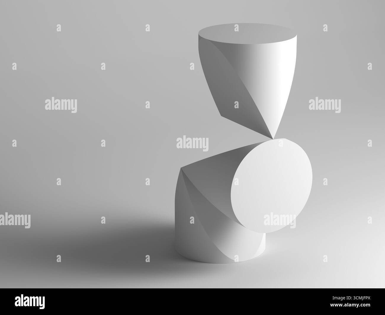 Abstrakte weiße geometrische Installation von drei doppelt abgeschnittenen Zylindern in surrealer Gleichgewichtslage. 3D-Darstellung Stockfoto