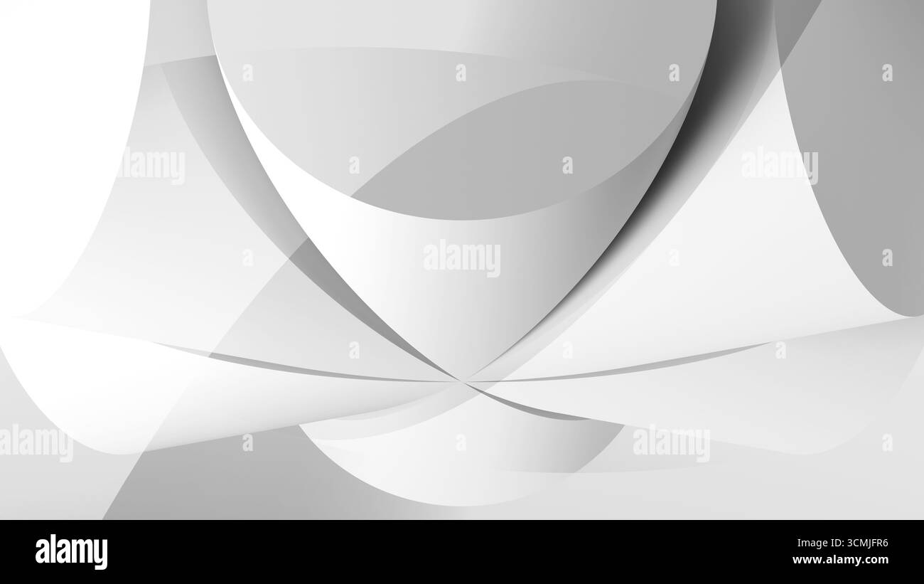 Ein modernes, minimalistisches abstraktes Design mit glatten weißen und grauen geschwungenen Formen. Perfekt für Hintergründe, Präsentationen oder digitale Kunstprojekte. 3 Stockfoto