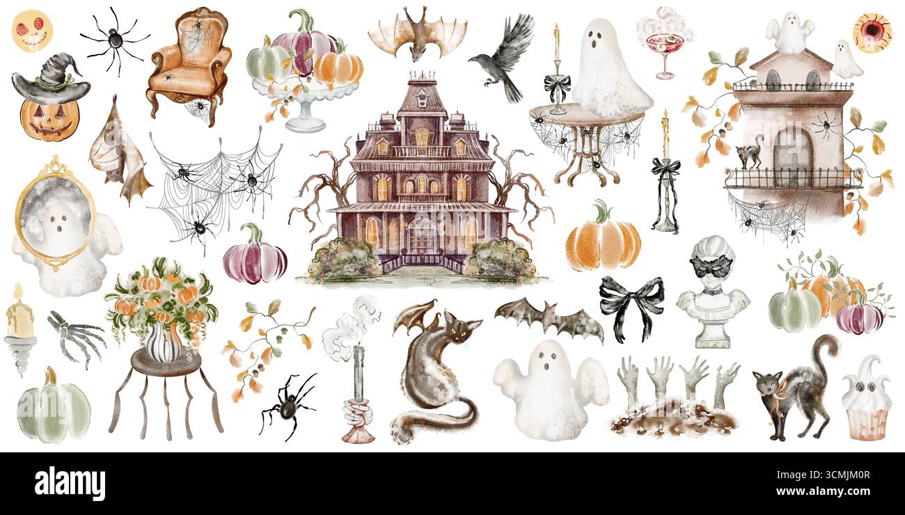 Halloween Clipart Bundle mit Kürbis, Geist, Hexe, Fledermaus, Katze, Krähe, Spinne, Kerze, Spiegel und Schloss. Handgezeichnete Aquarellelemente für Aufkleber, Stockfoto